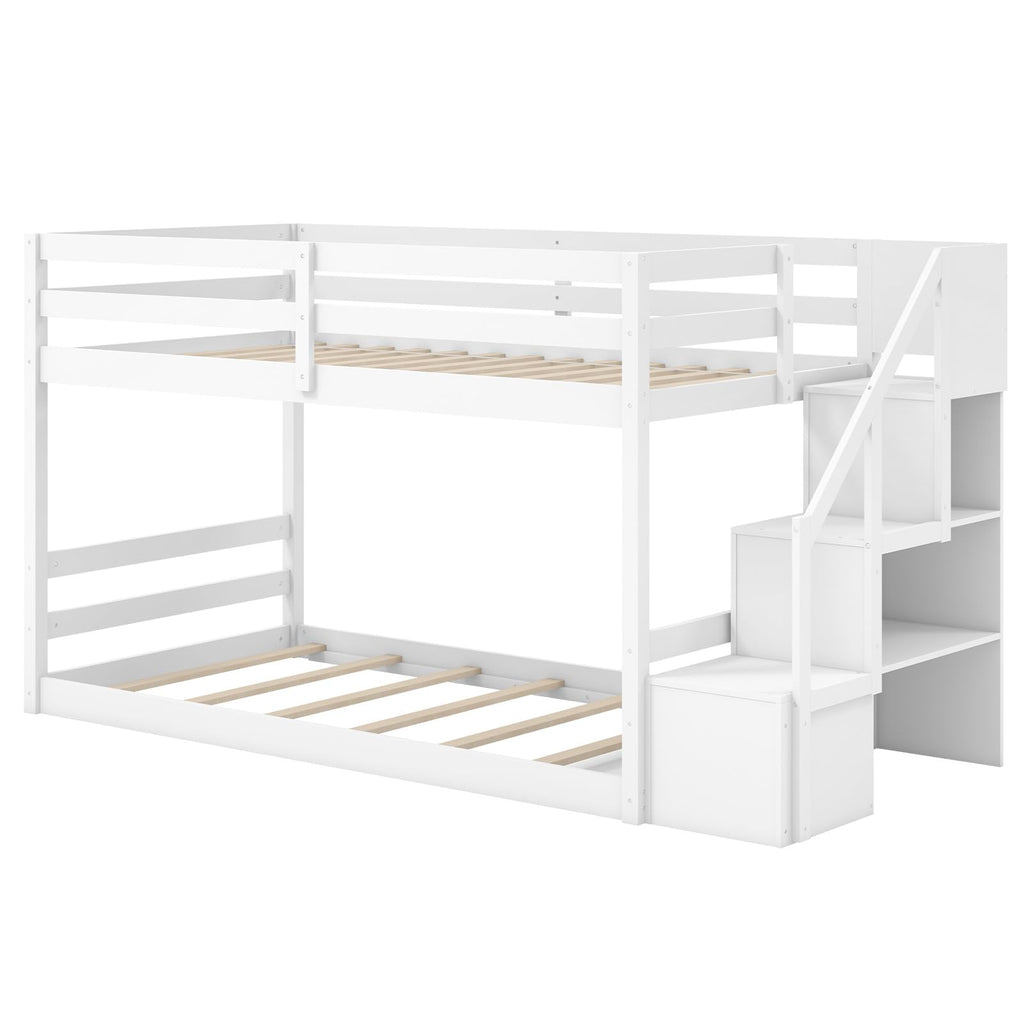 White Twin Over Twin Solid Wood Bunk Bed with Stairs A737