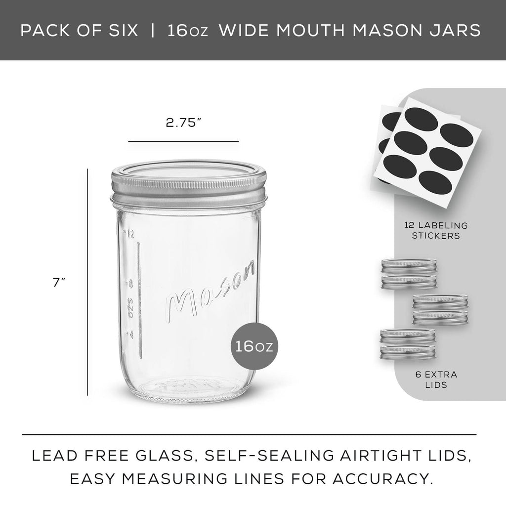 16 Oz 6-Pack Wide Mouth Glass Mason Jars with Lids C7301