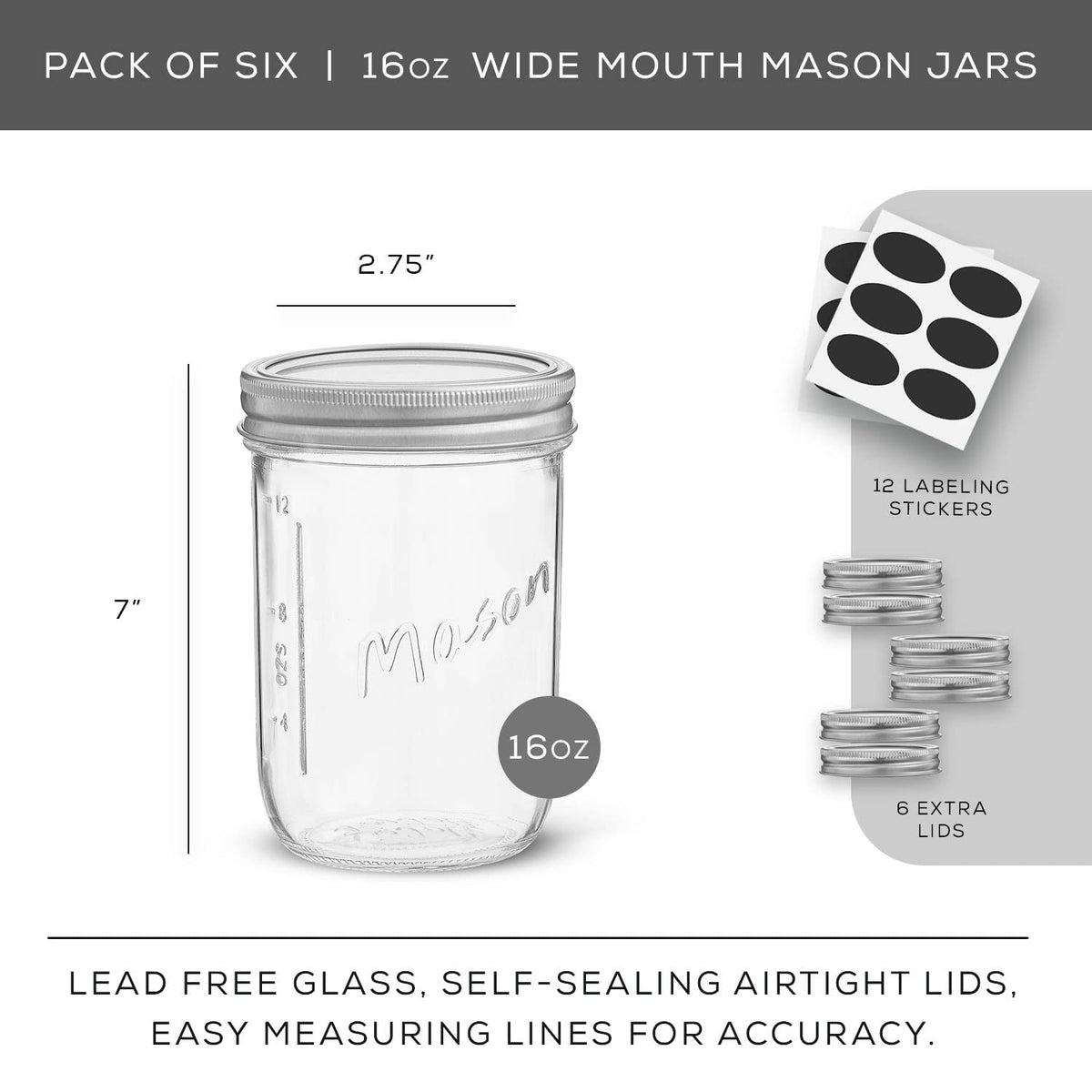 16 Oz 6-Pack Wide Mouth Glass Mason Jars with Lids C7301