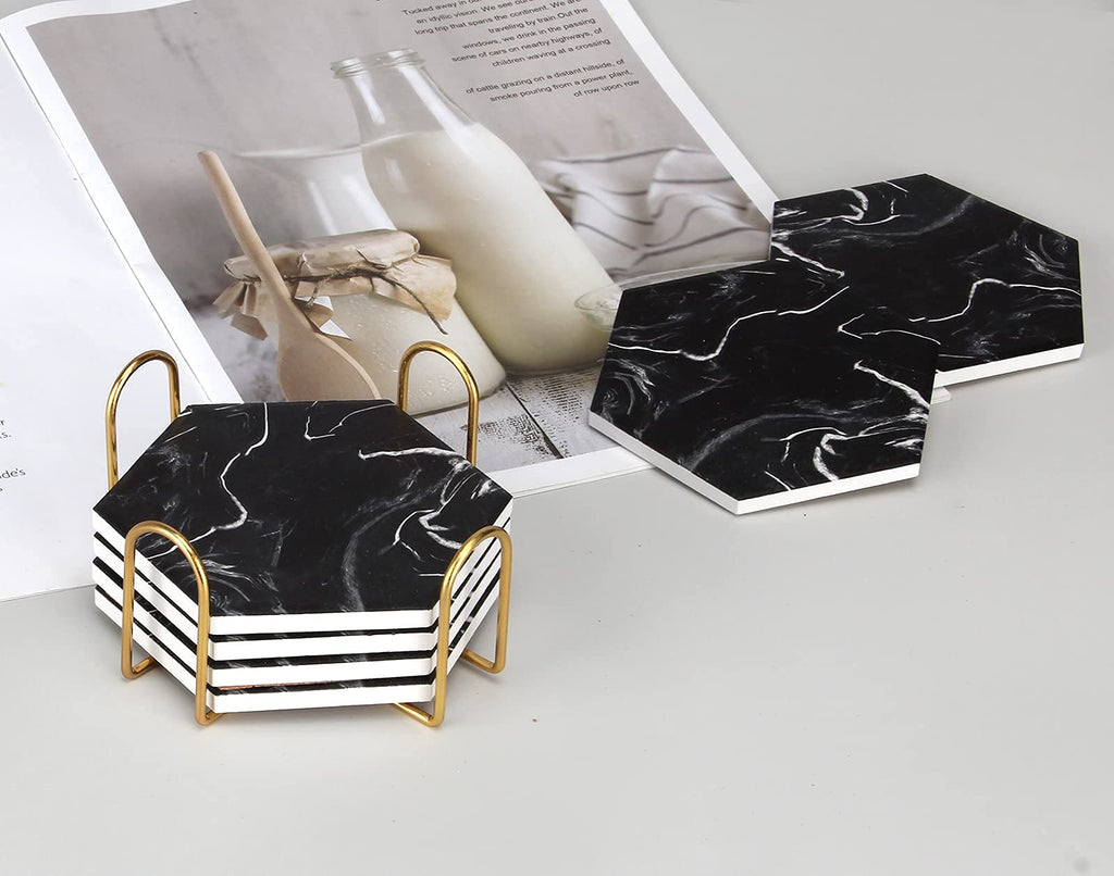 Black Marble Coaster Set with Holder C187