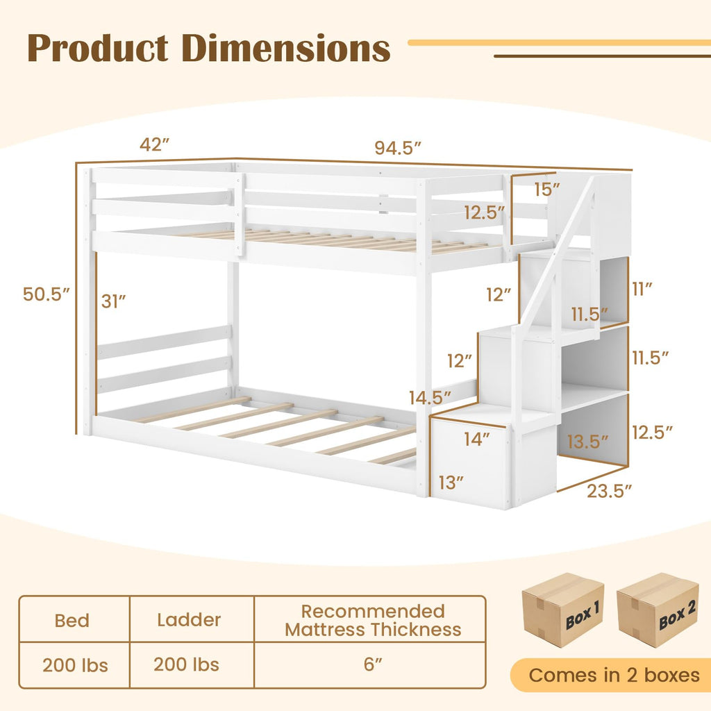 White Twin Over Twin Solid Wood Bunk Bed with Stairs A737
