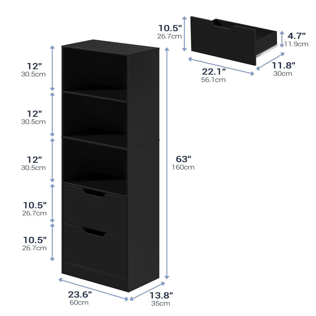 63" H Black Bookshelf with 2 Drawers J9178