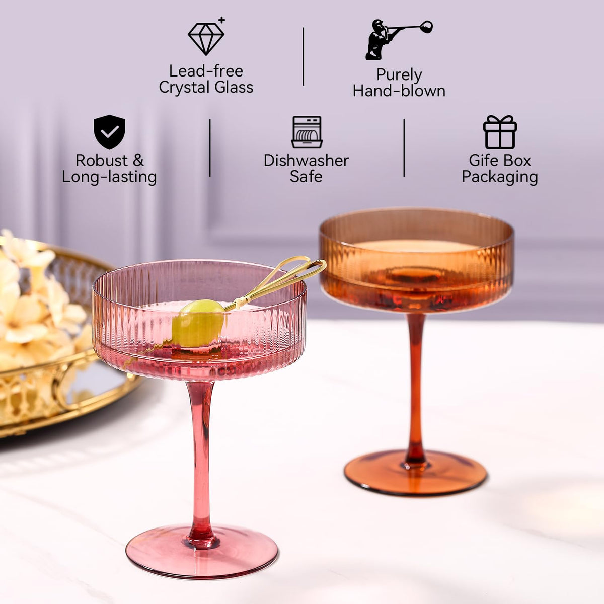Colored Coupe Glasses Set of 6, 9 oz Cocktail Glasses R4658