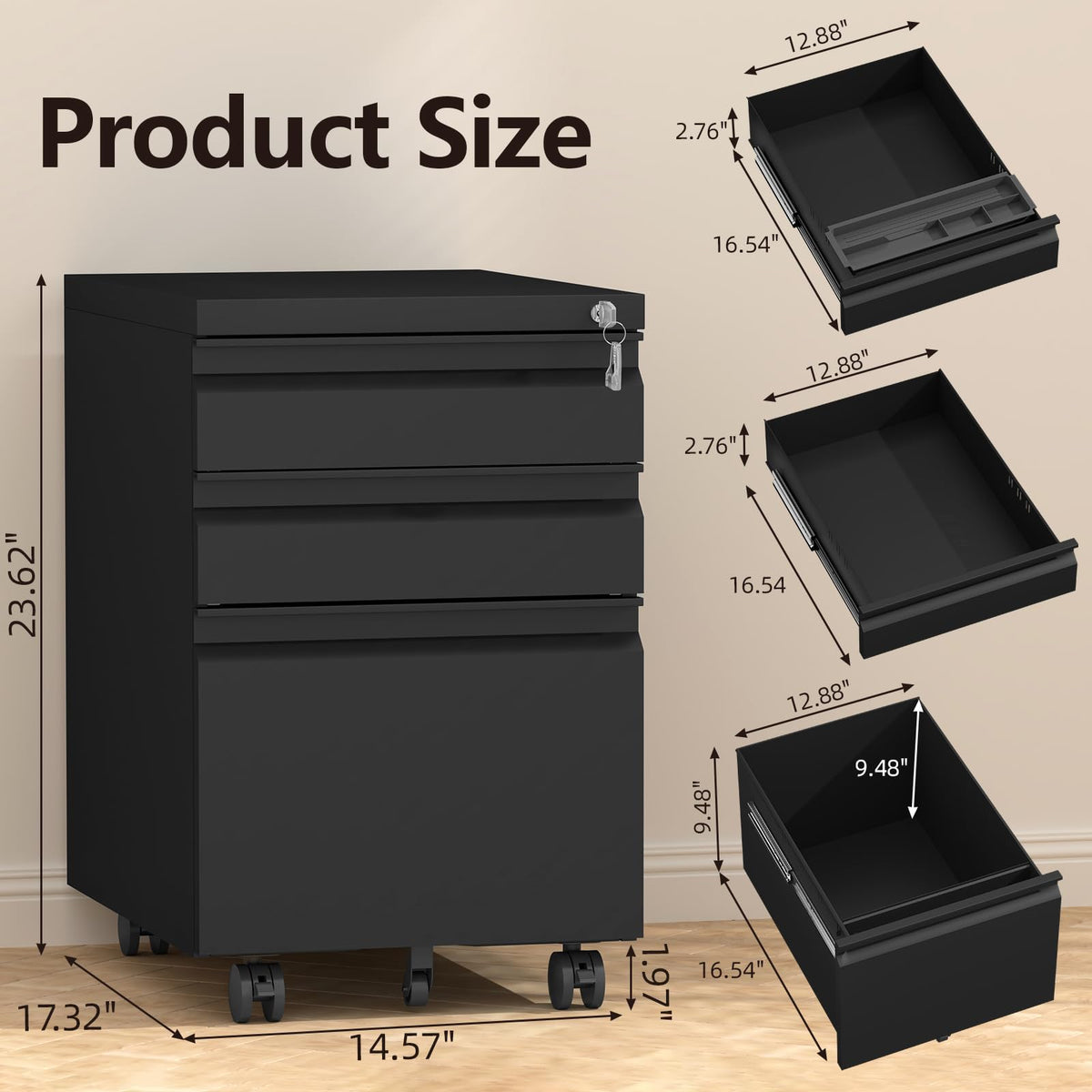 Black 3 Drawer Metal File Cabinet with Lock V836712