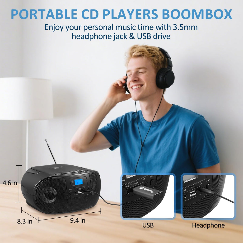 Portable CD Player Boombox with FM Radio, Bluetooth, Remote Control, Black W864