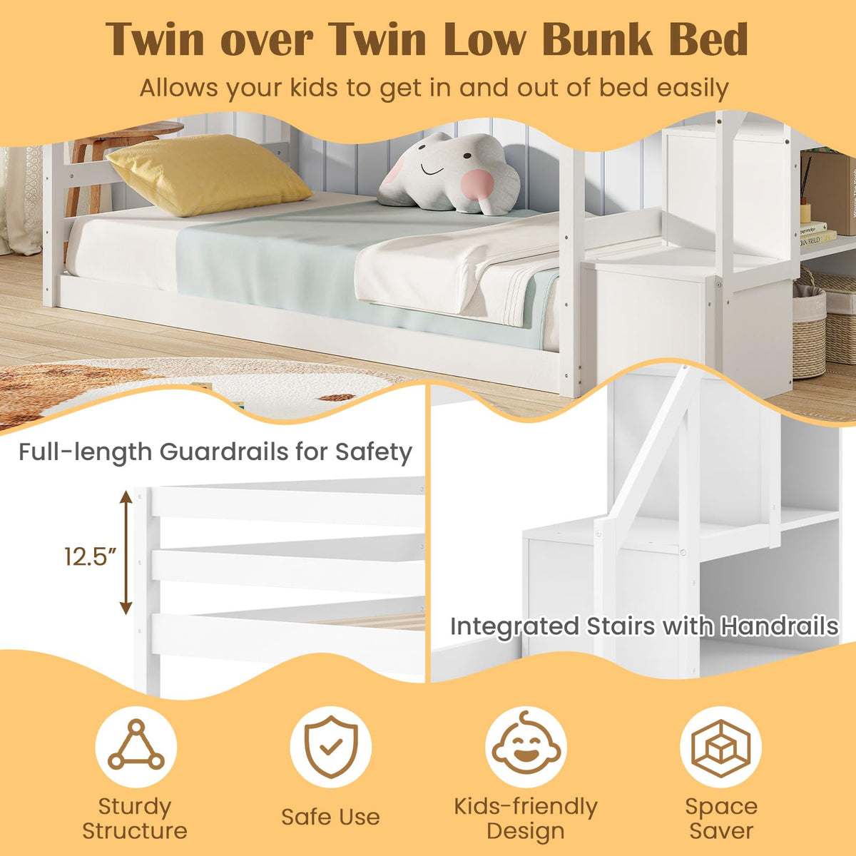 White Twin Over Twin Solid Wood Bunk Bed with Stairs A737