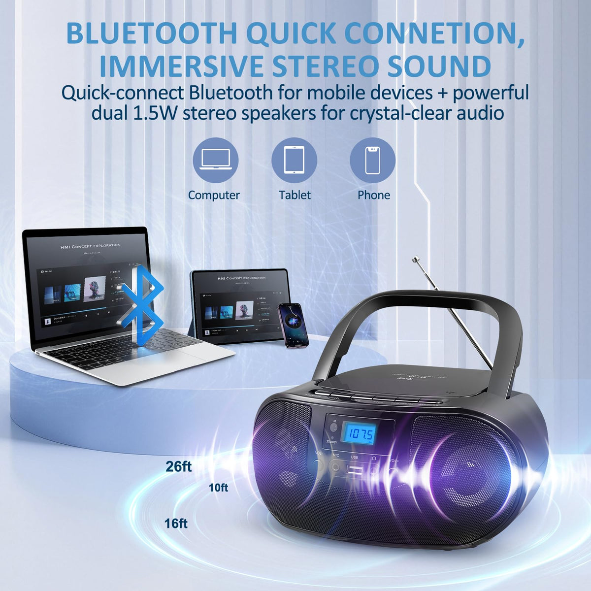 Portable CD Player Boombox with FM Radio, Bluetooth, Remote Control, Black W864