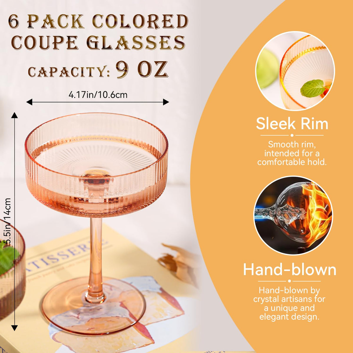 Colored Coupe Glasses Set of 6, 9 oz Cocktail Glasses R4658