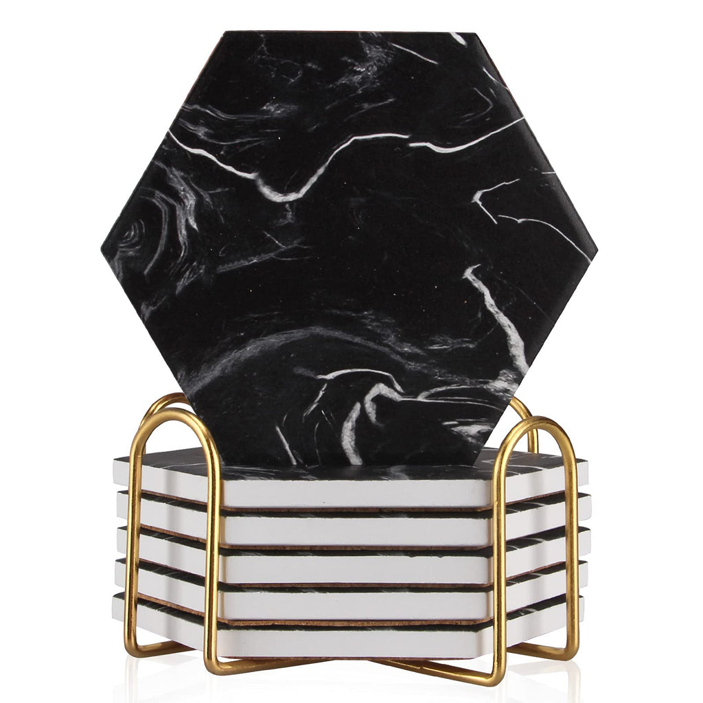 Black Marble Coaster Set with Holder C187