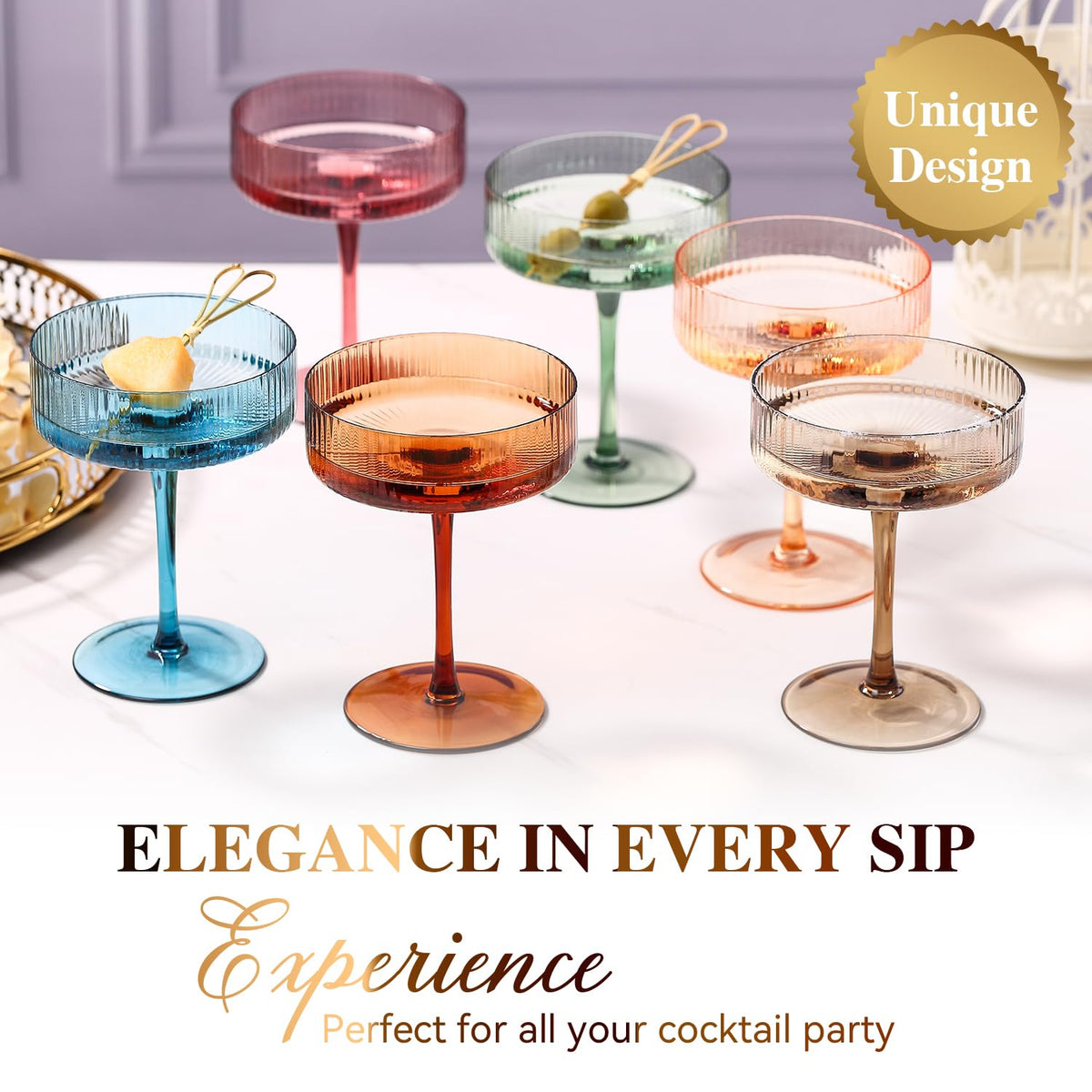 Colored Coupe Glasses Set of 6, 9 oz Cocktail Glasses R4658
