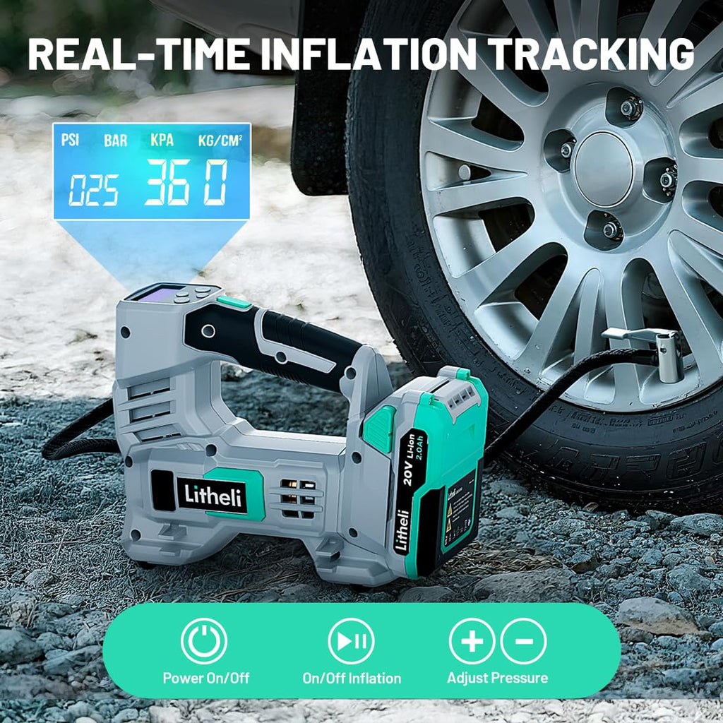 20V Cordless Tire Inflator Air Compressor with Digital Pressure Gauge P358