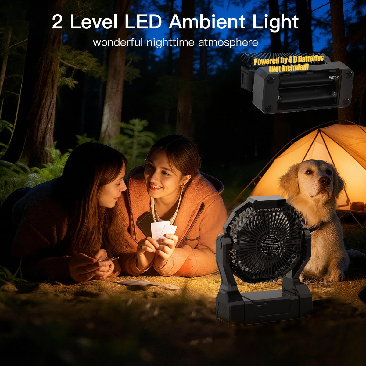 Battery Operated Portable Fan with 4 Speeds, 3 Timers & 2 Light Modes, Black V86330