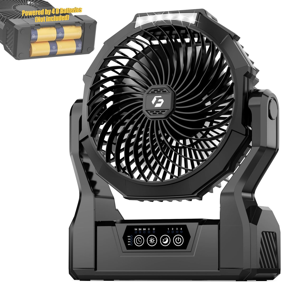 Battery Operated Portable Fan with 4 Speeds, 3 Timers & 2 Light Modes, Black V86330