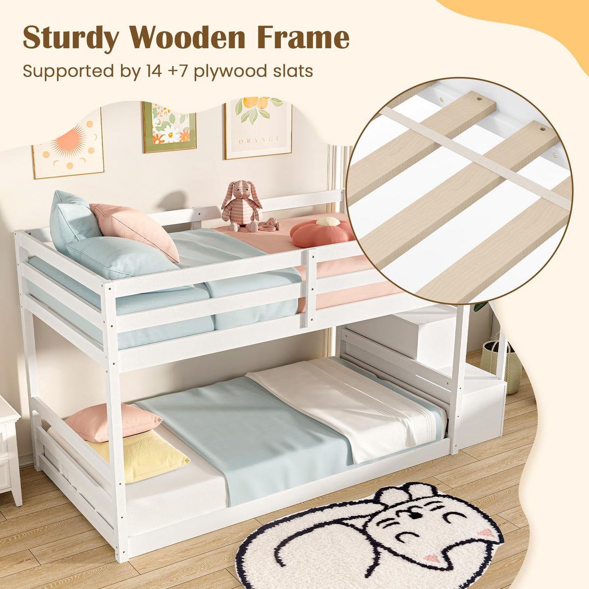 White Twin Over Twin Solid Wood Bunk Bed with Stairs A737