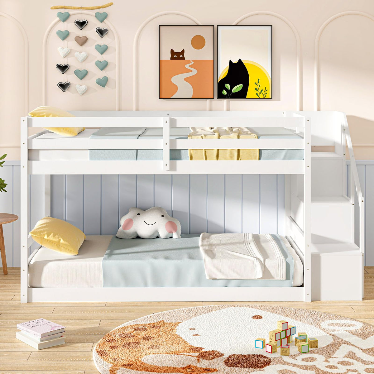 White Twin Over Twin Solid Wood Bunk Bed with Stairs A737