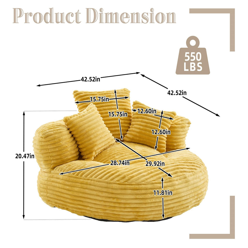 Oversized Corduroy Bean Bag Chair with 3 Pillows J317806