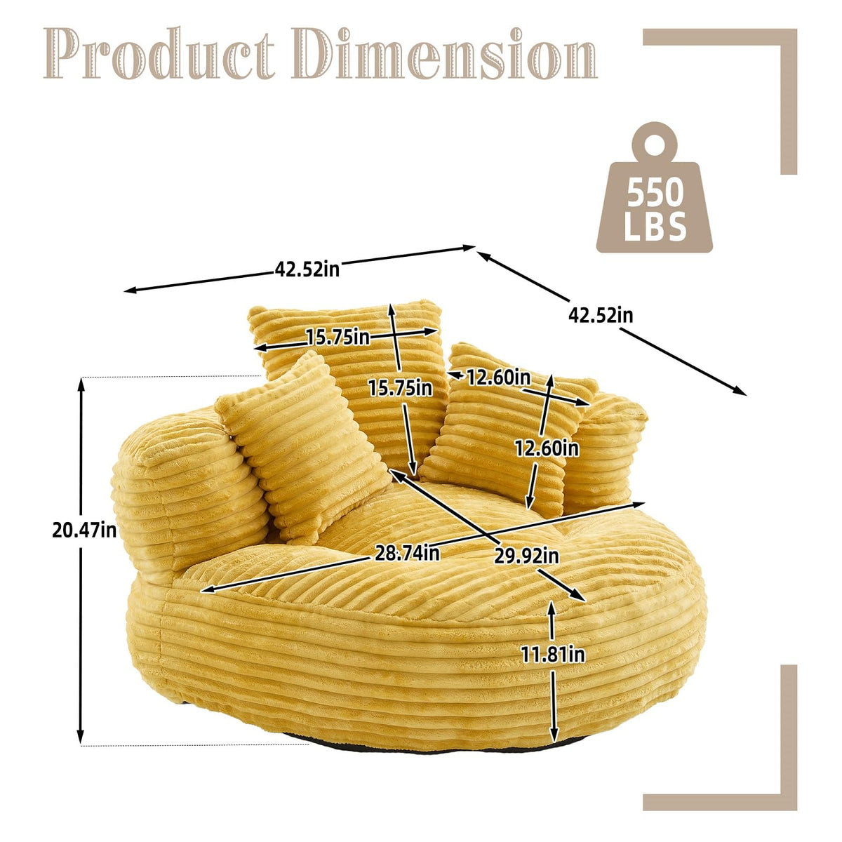 Oversized Corduroy Bean Bag Chair with 3 Pillows J317806