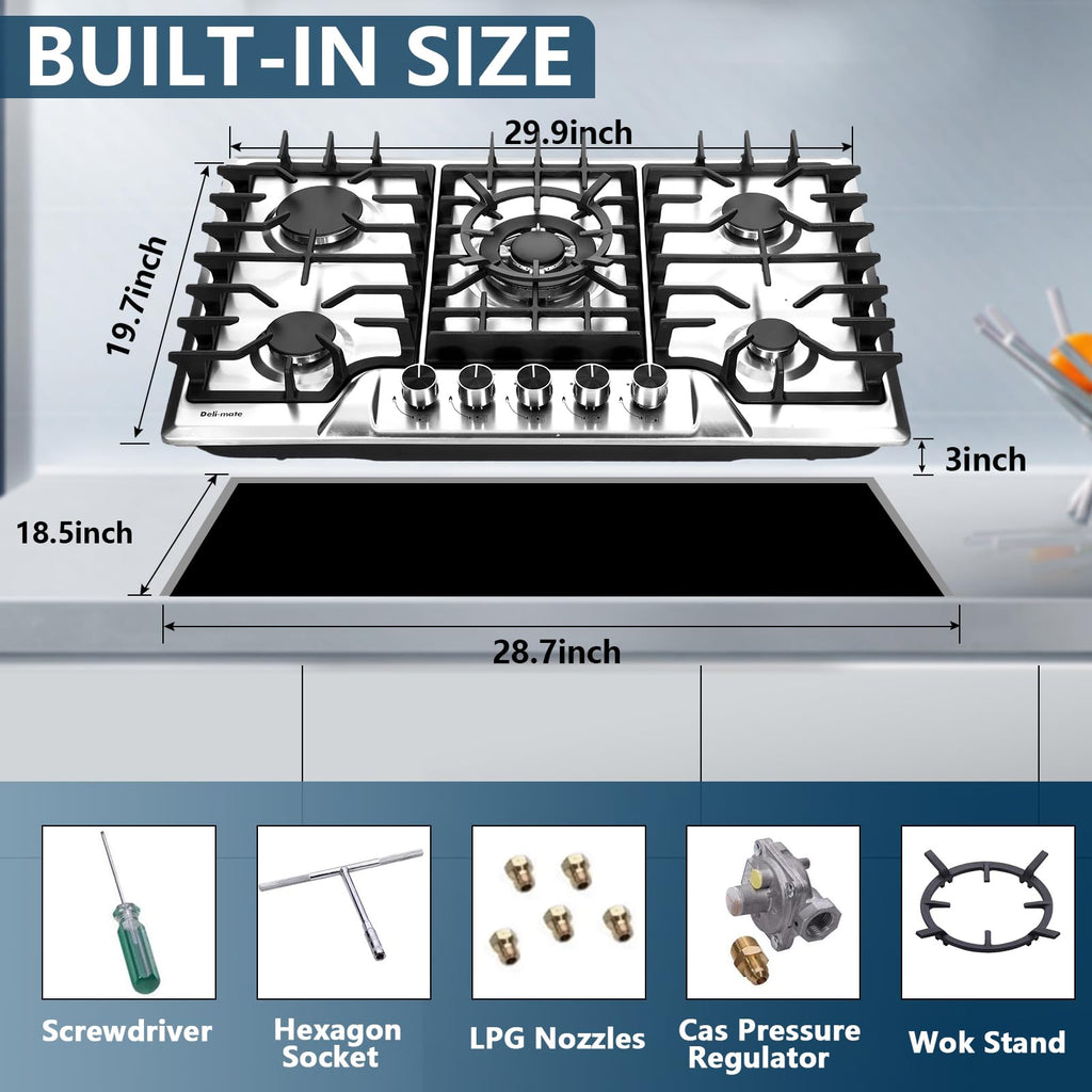 30 Inch 5 Burners Stainless Steel Gas Cooktop C50103