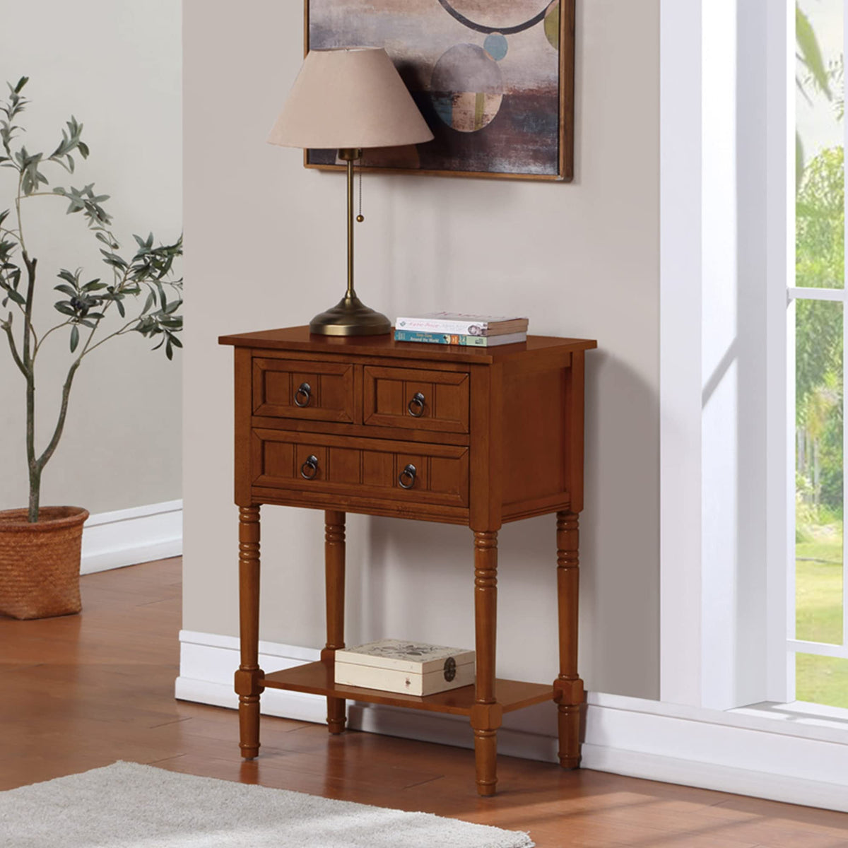 Cherry Hall Table with 3 Storage Drawers and Shelf Y589