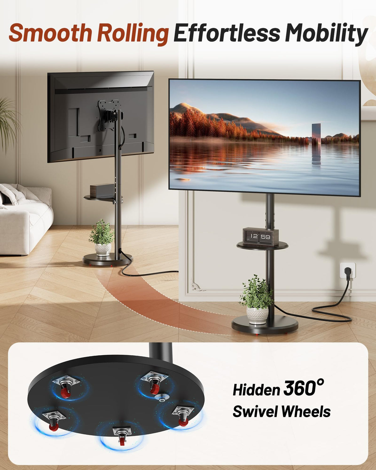 Rolling TV Stand with Shelf and Hidden Wheels C983841