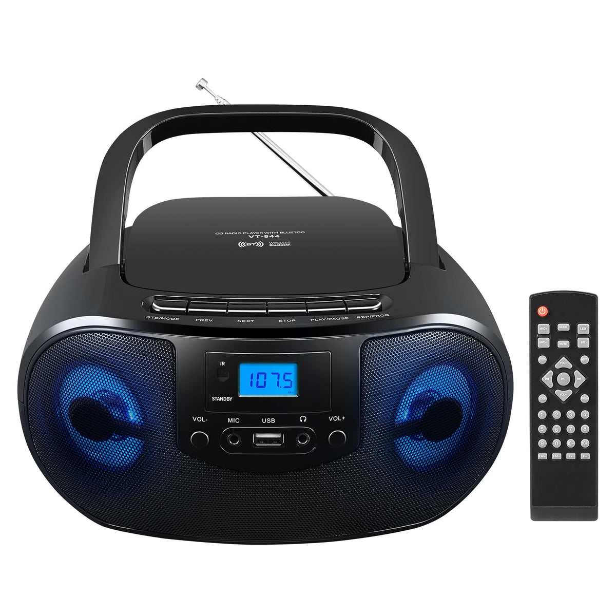 Portable CD Player Boombox with FM Radio, Bluetooth, Remote Control, Black W864