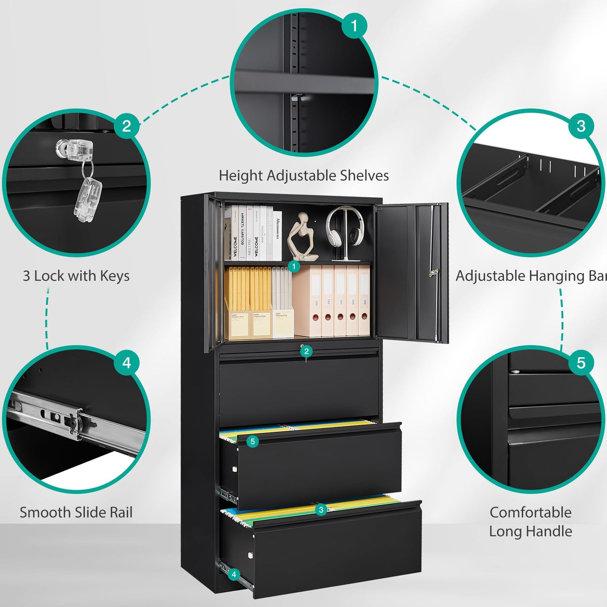Black 3 Drawer Metal File Cabinet with Lock and Shelf F3252