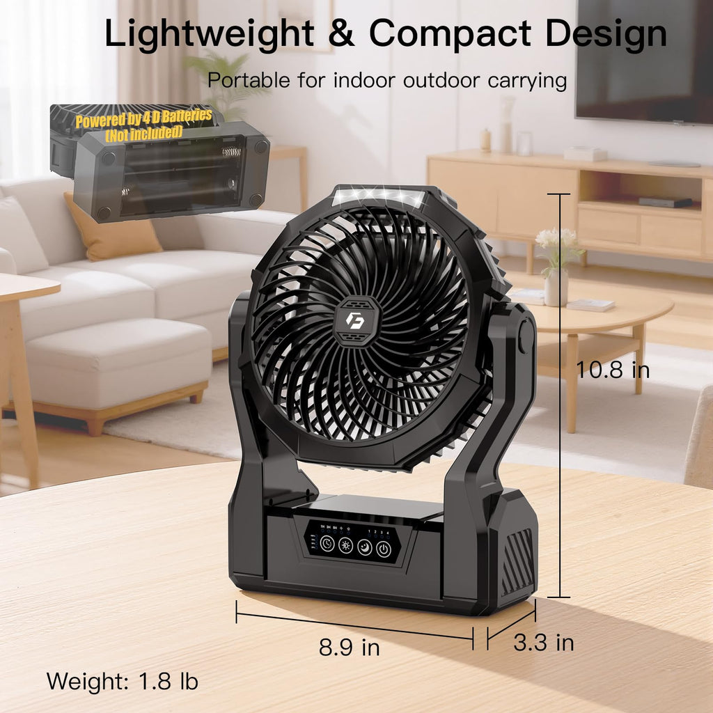 Battery Operated Portable Fan with 4 Speeds, 3 Timers & 2 Light Modes, Black V86330