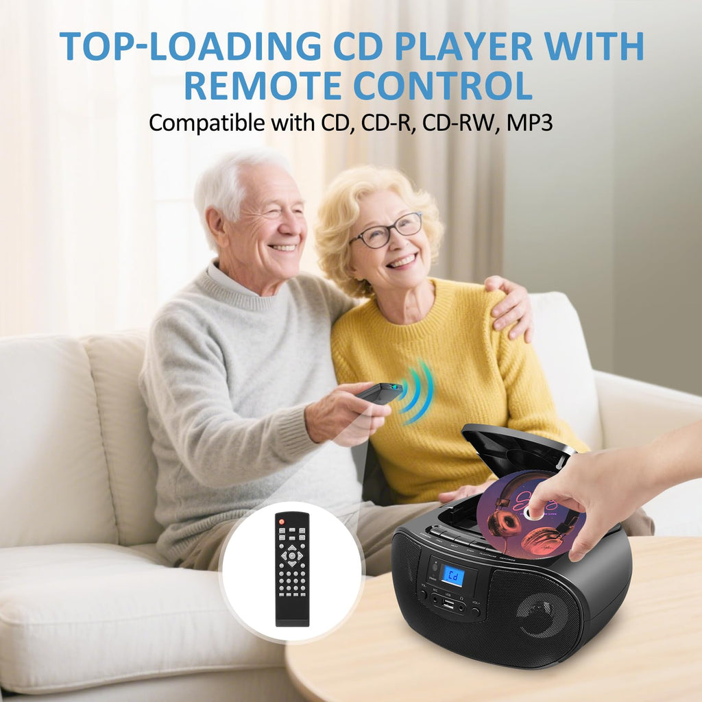 Portable CD Player Boombox with FM Radio, Bluetooth, Remote Control, Black W864