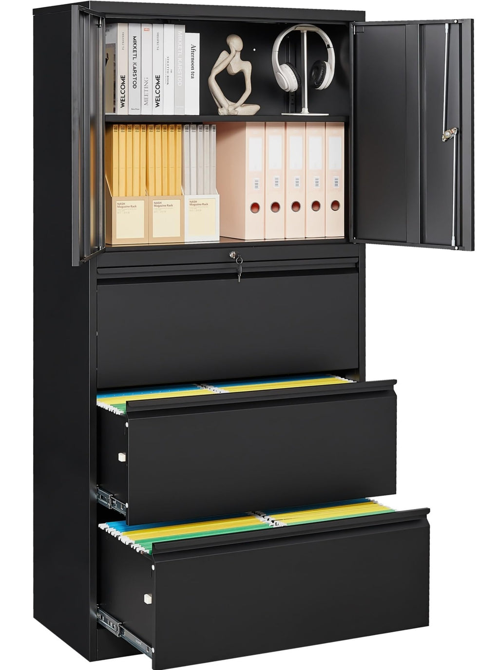 Black 3 Drawer Metal File Cabinet with Lock and Shelf F3252