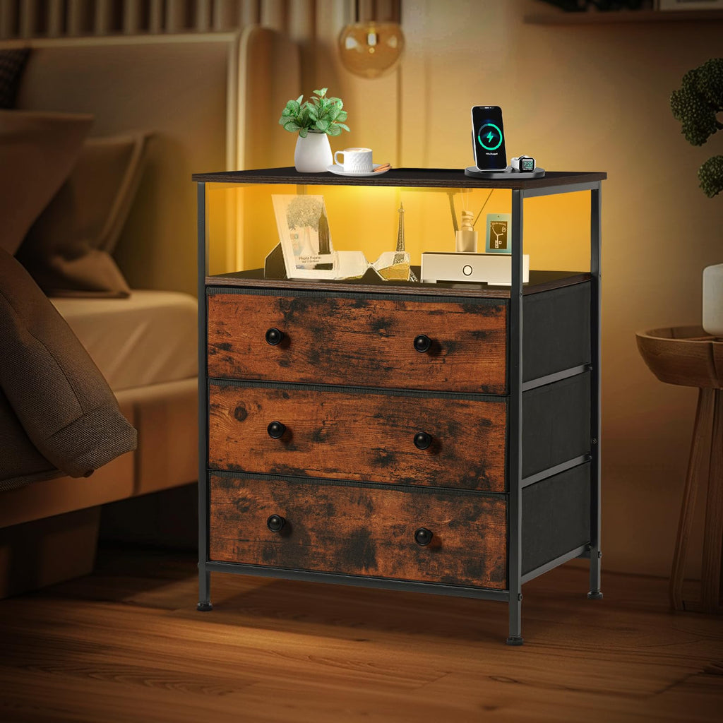 3-Drawer LED Nightstand with Charging Station K9818