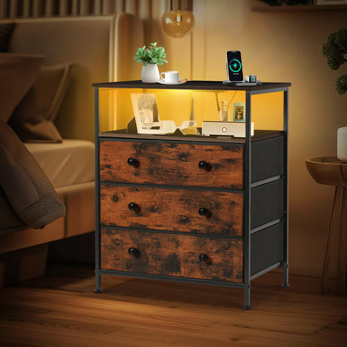 3-Drawer LED Nightstand with Charging Station K9818