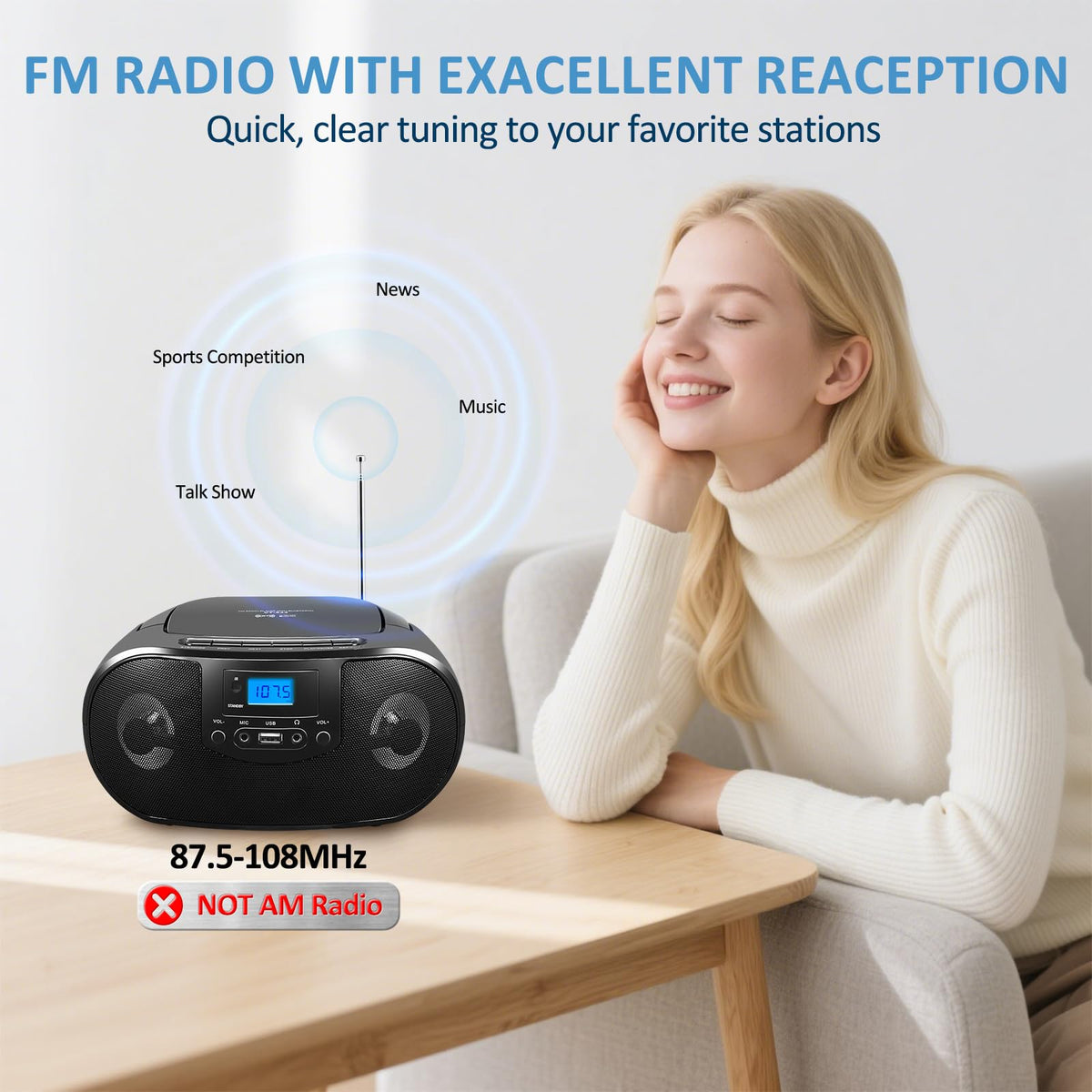 Portable CD Player Boombox with FM Radio, Bluetooth, Remote Control, Black W864