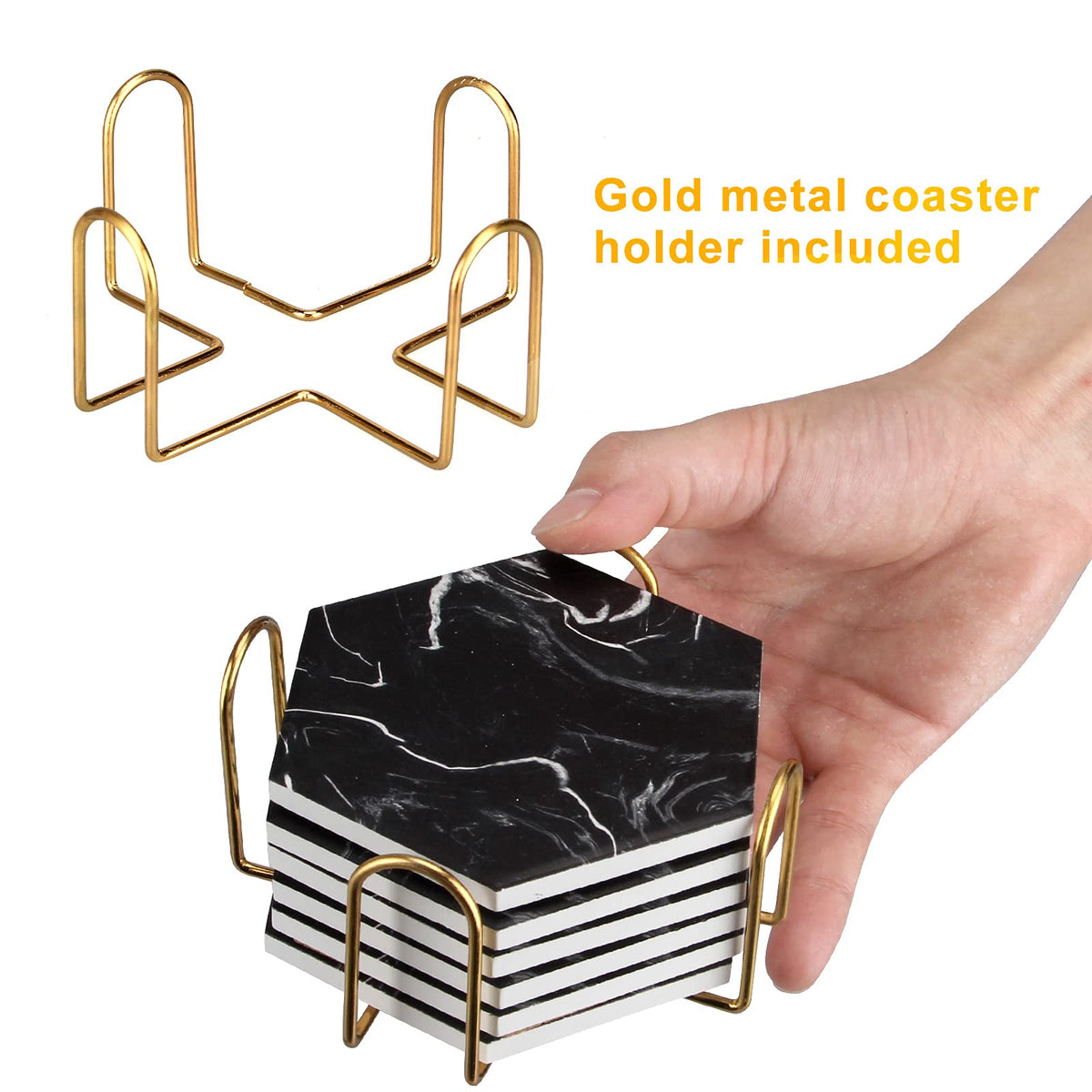 Black Marble Coaster Set with Holder C187