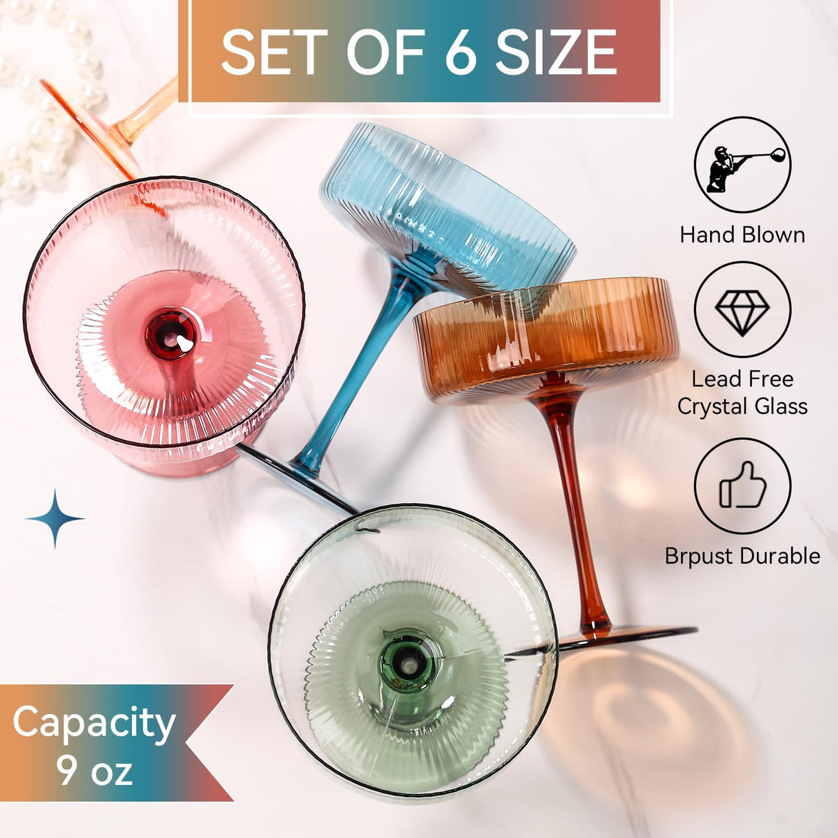 Colored Coupe Glasses Set of 6, 9 oz Cocktail Glasses R4658