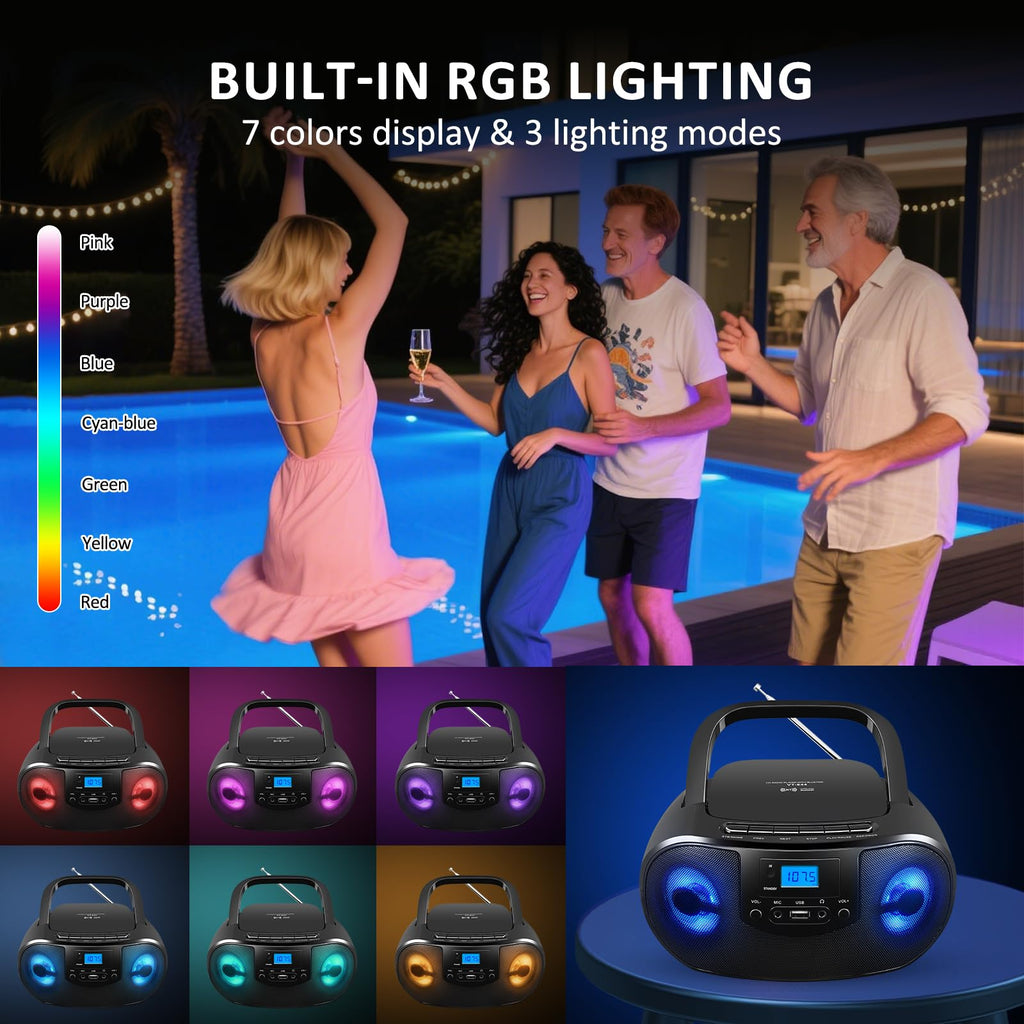 Portable CD Player Boombox with FM Radio, Bluetooth, Remote Control, Black W864