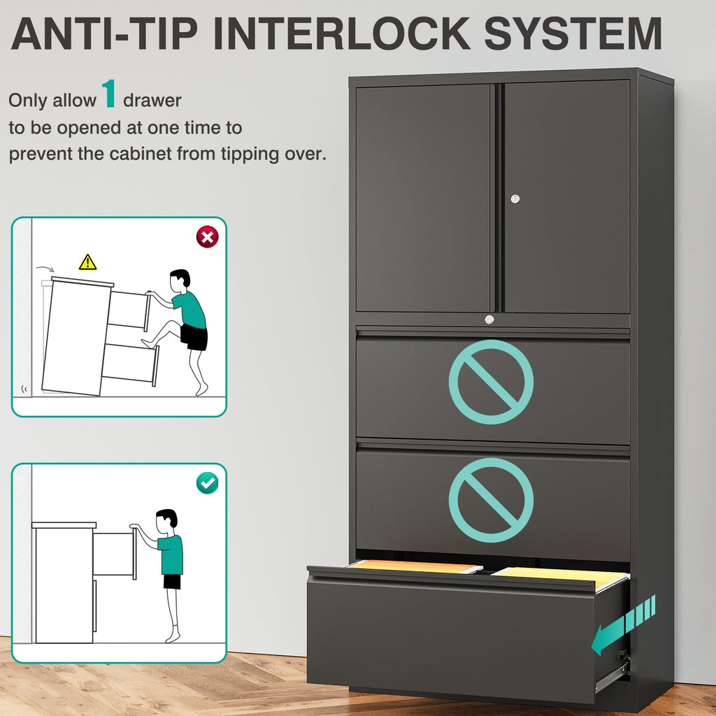 Black 3 Drawer Metal File Cabinet with Lock and Shelf F3252