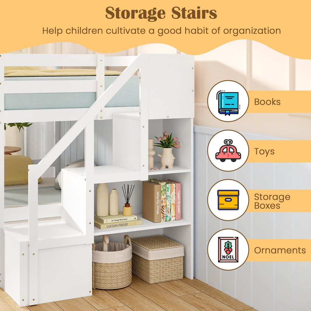 White Twin Over Twin Solid Wood Bunk Bed with Stairs A737