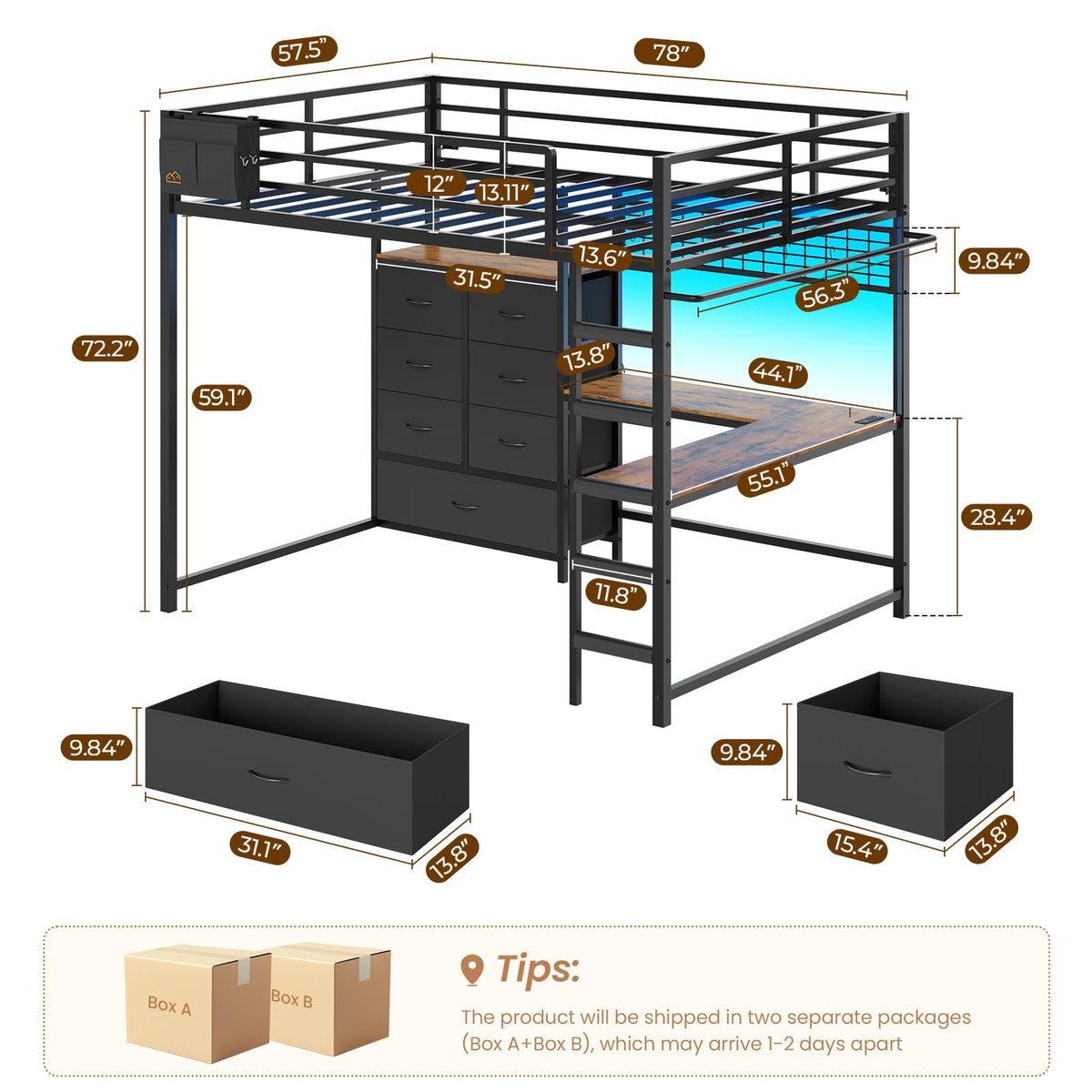 Full Size Loft Bed with L-Shaped Desk, 7 Storage Drawers, LED Lights and Charging Station, Black V3589