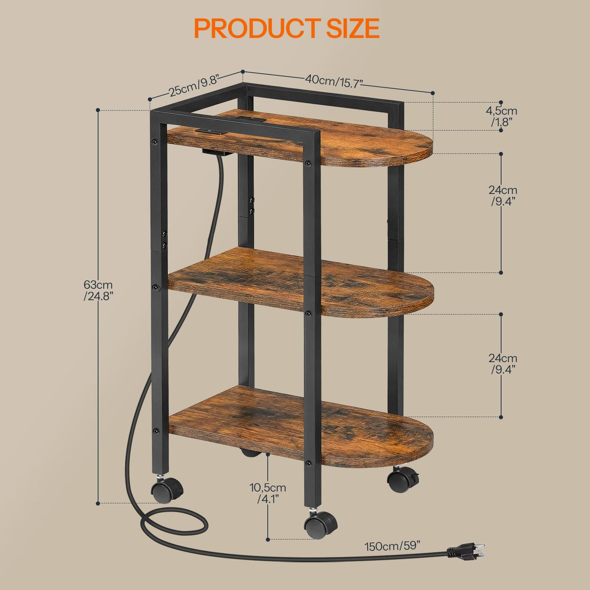 Rolling Narrow Side Table with Charging Station A651