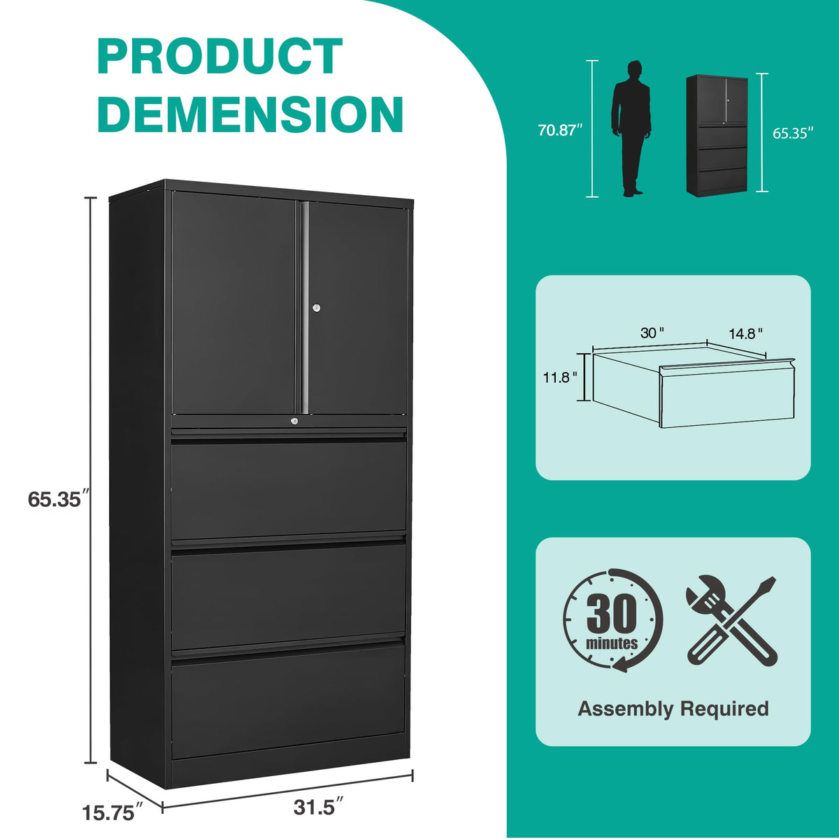 Black 3 Drawer Metal File Cabinet with Lock and Shelf F3252