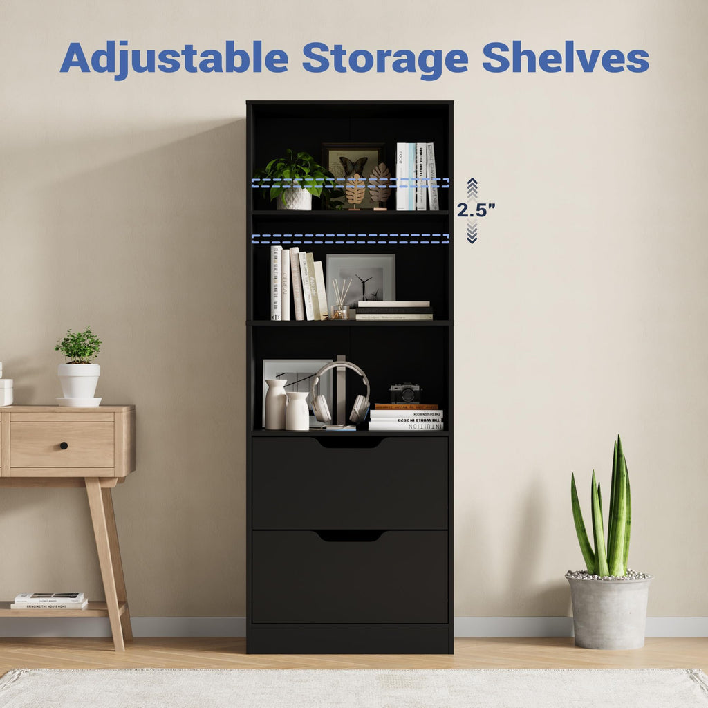 63" H Black Bookshelf with 2 Drawers J9178