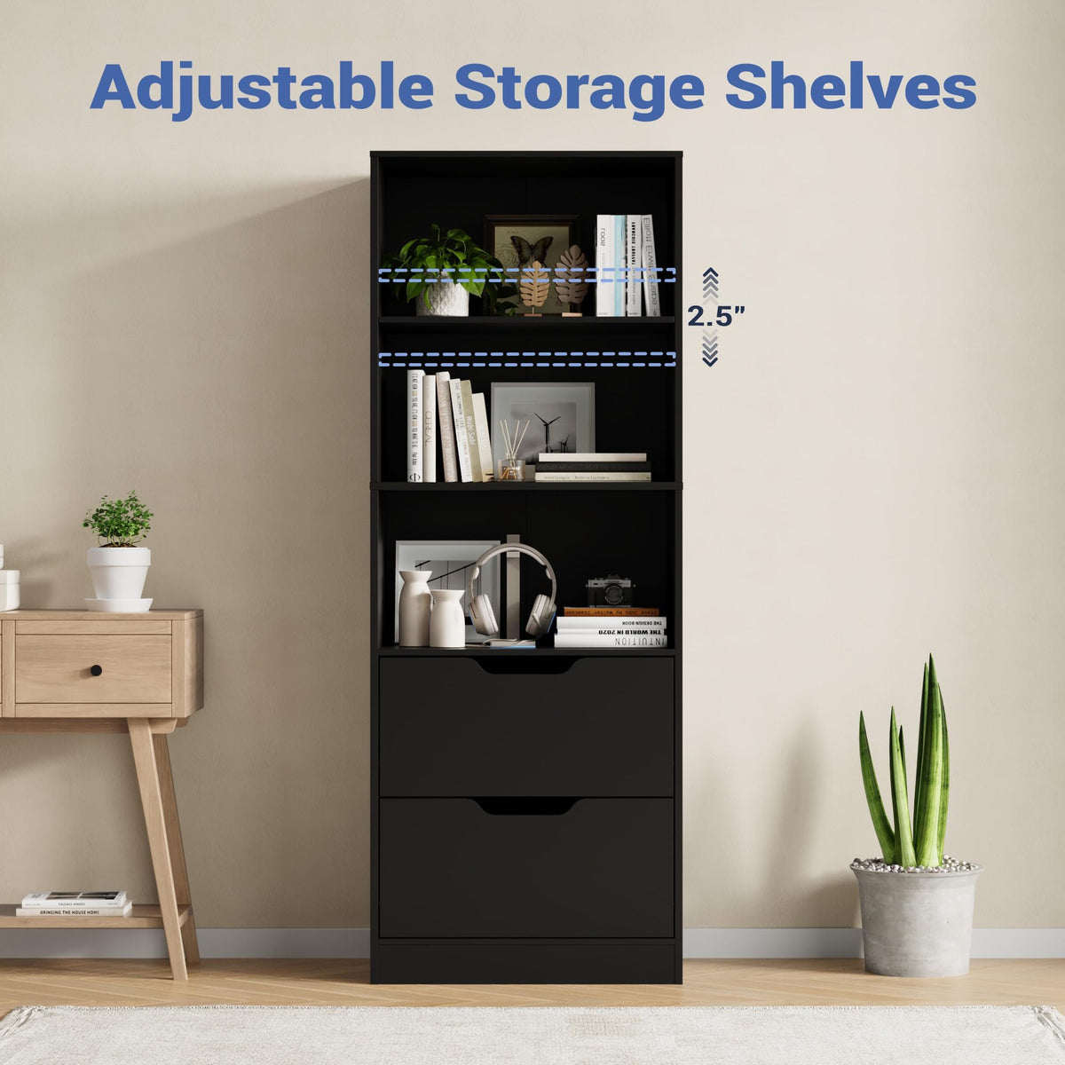 63" H Black Bookshelf with 2 Drawers J9178