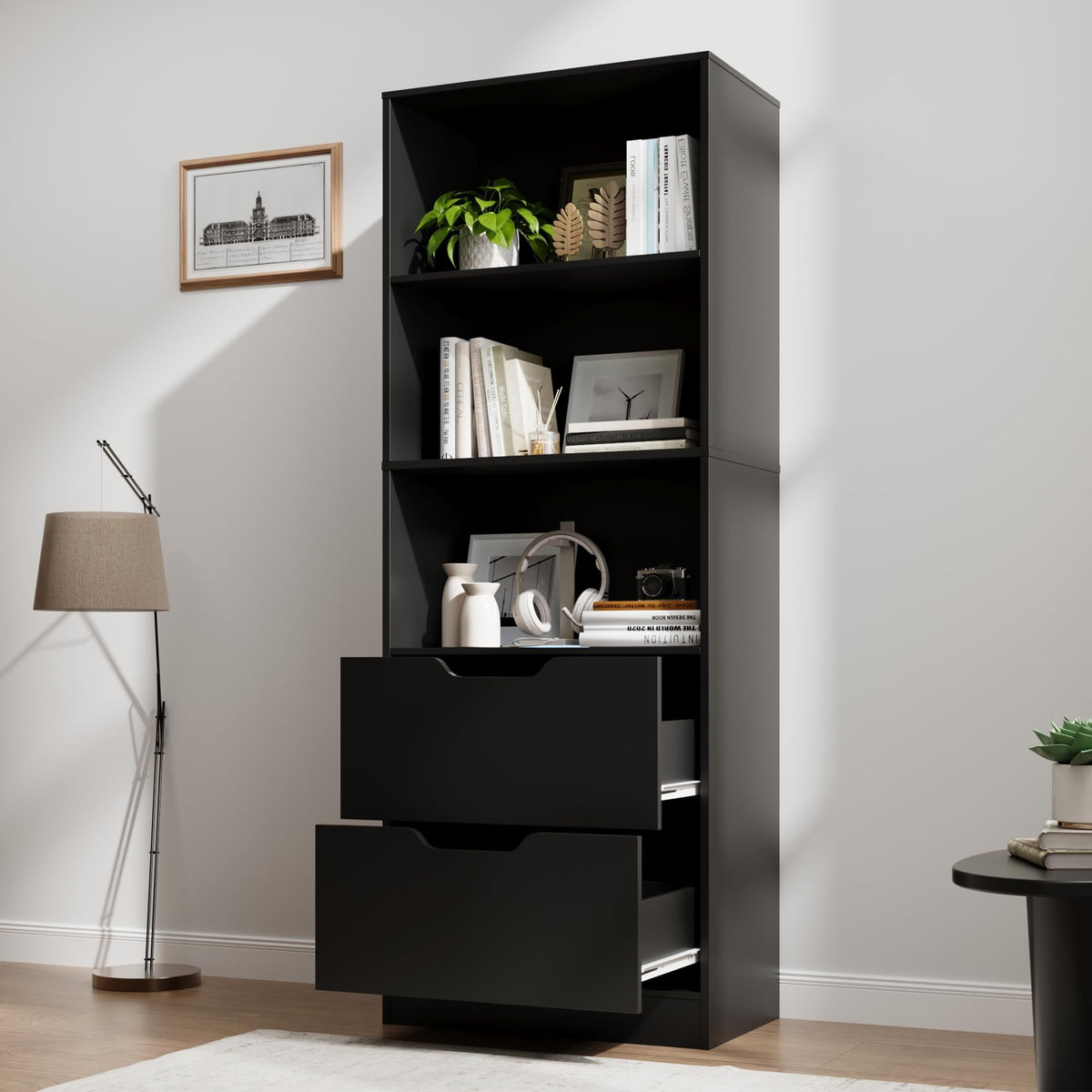 63" H Black Bookshelf with 2 Drawers J9178