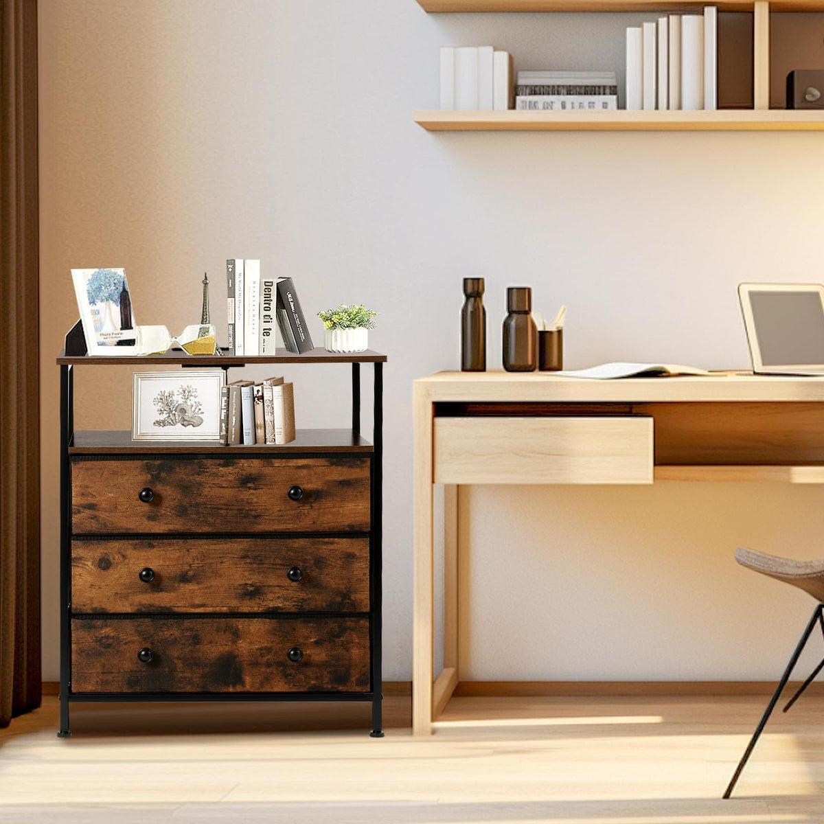 3-Drawer LED Nightstand with Charging Station K9818