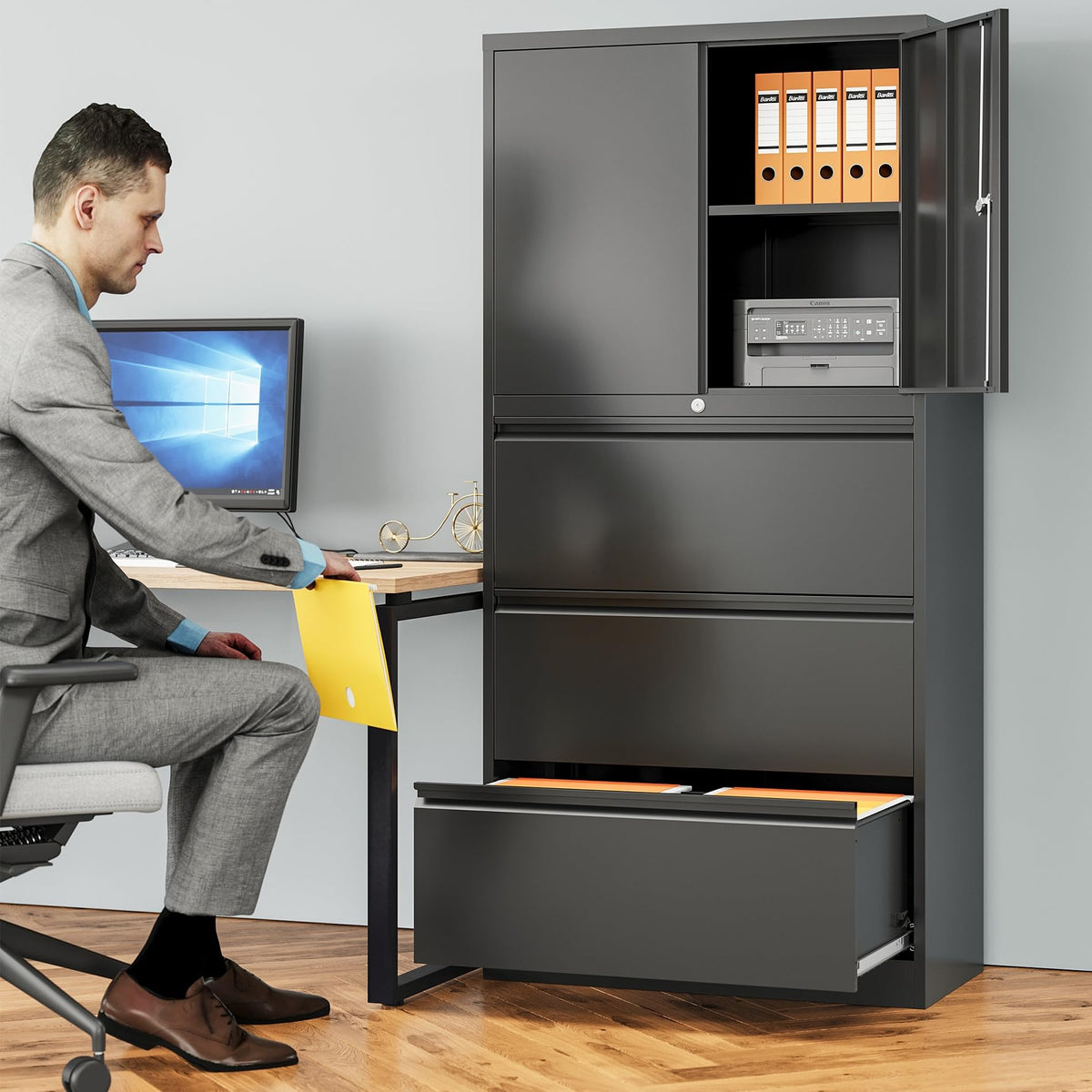 Black 3 Drawer Metal File Cabinet with Lock and Shelf F3252