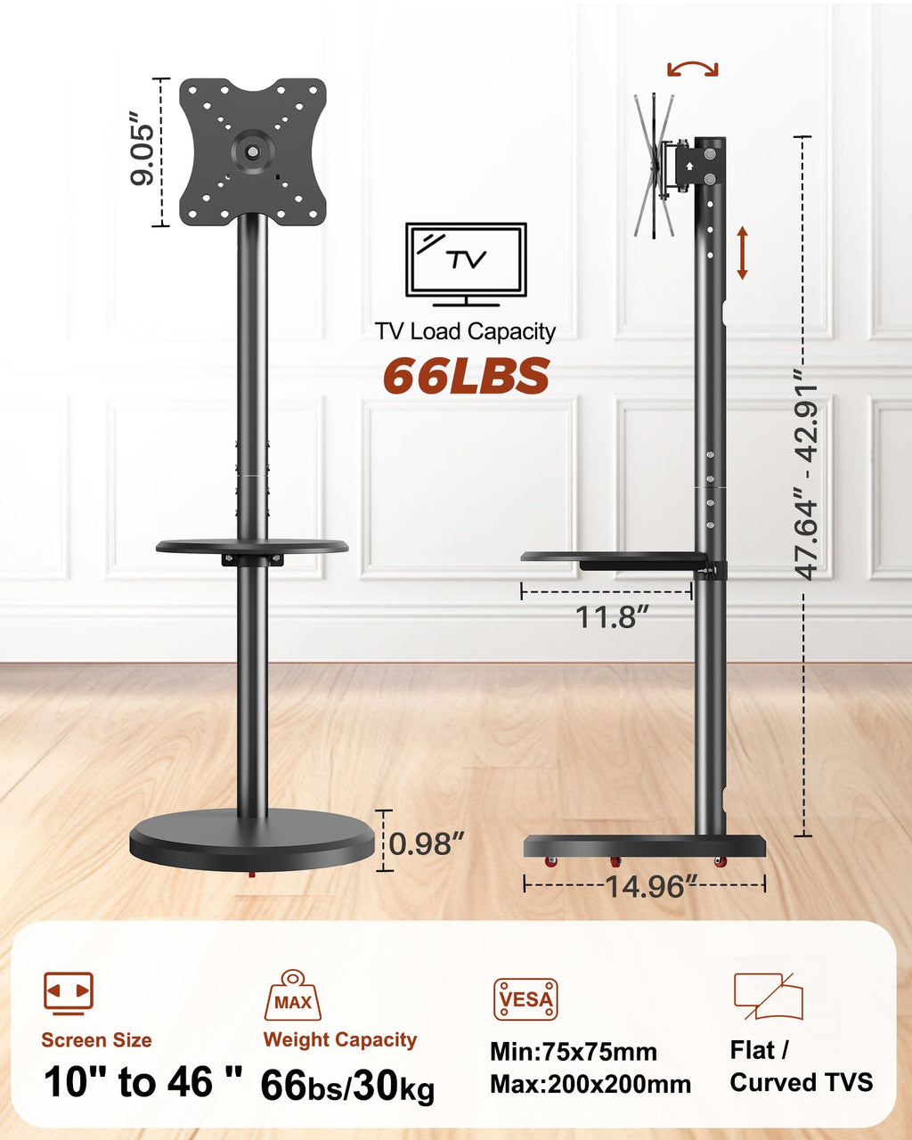 Rolling TV Stand with Shelf and Hidden Wheels C983841