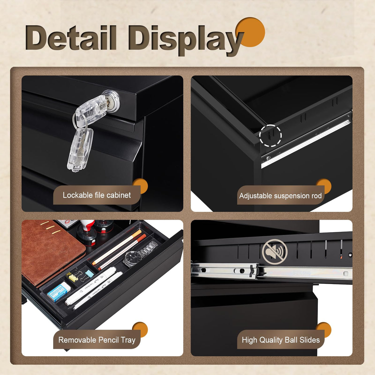 Black 3 Drawer Metal File Cabinet with Lock V836712