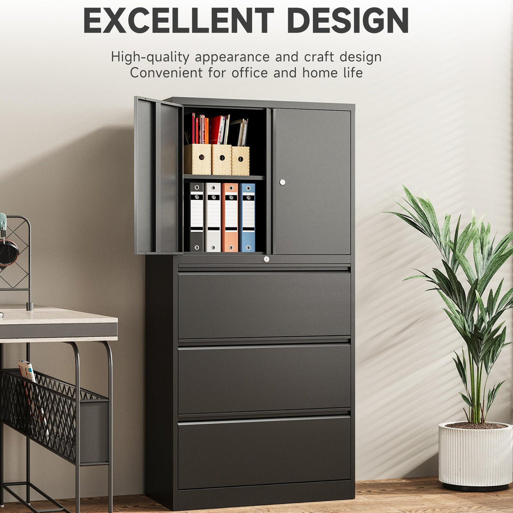 Black 3 Drawer Metal File Cabinet with Lock and Shelf F3252