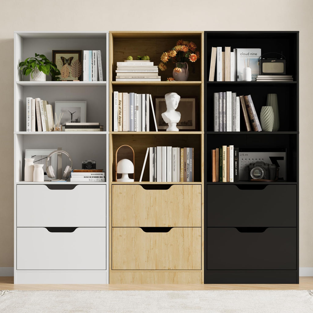 63" H Black Bookshelf with 2 Drawers J9178