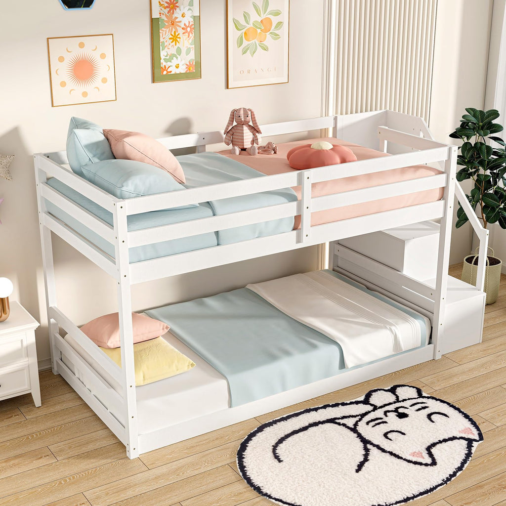 White Twin Over Twin Solid Wood Bunk Bed with Stairs A737